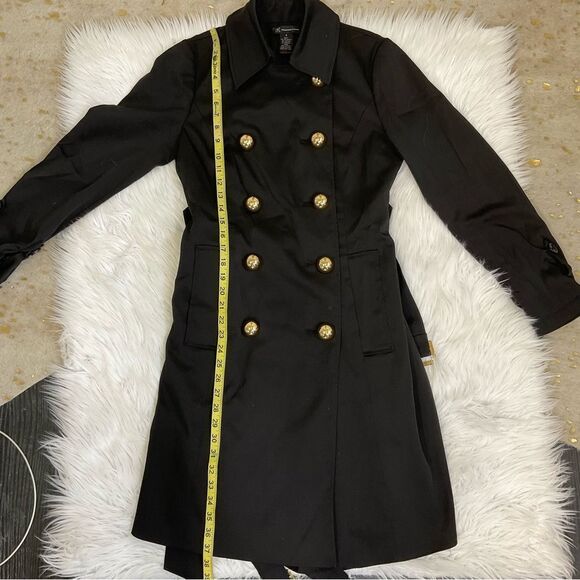 INC Double Breasted Belted Long Lightweight Trench Coat Black Gold Buttons S - Picture 13 of 15